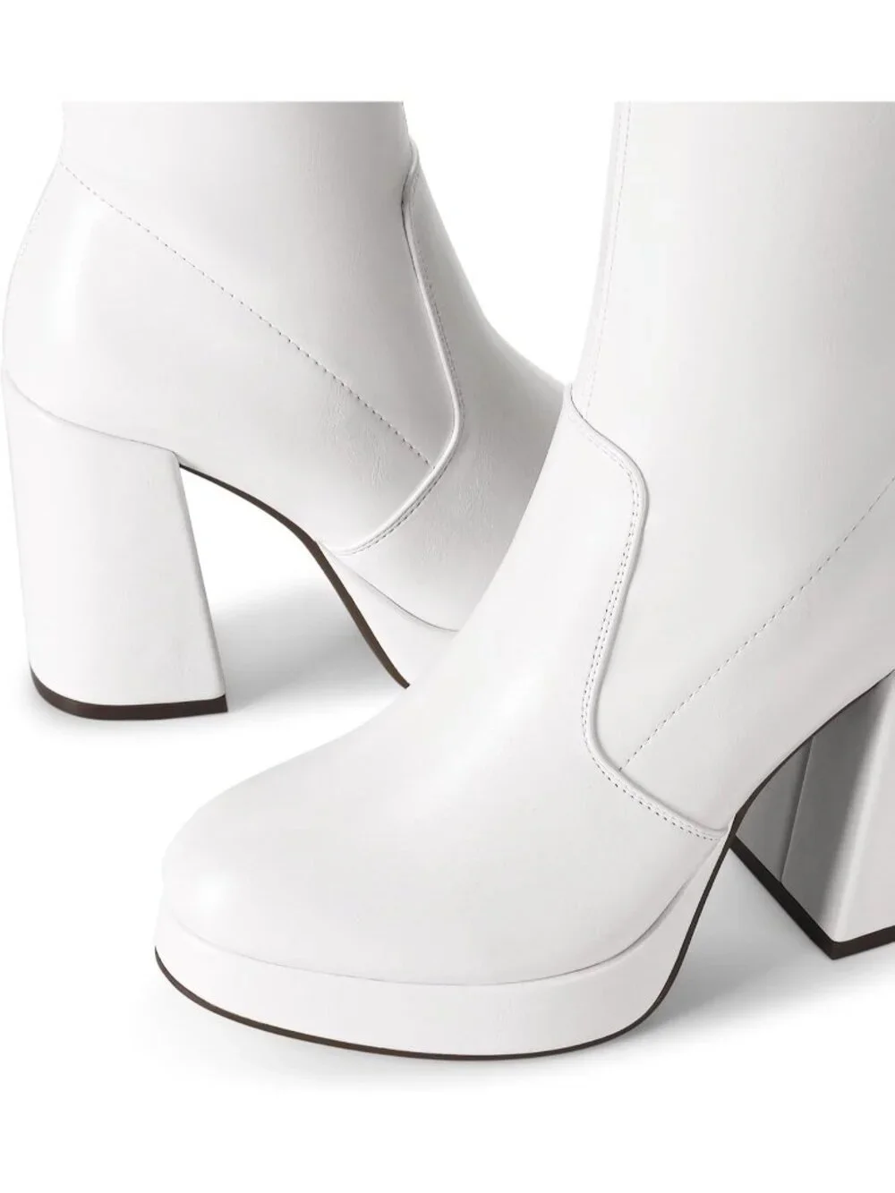 Women's White Chunky Platform Heel Round Toe Side Zipper Knee High Boots
